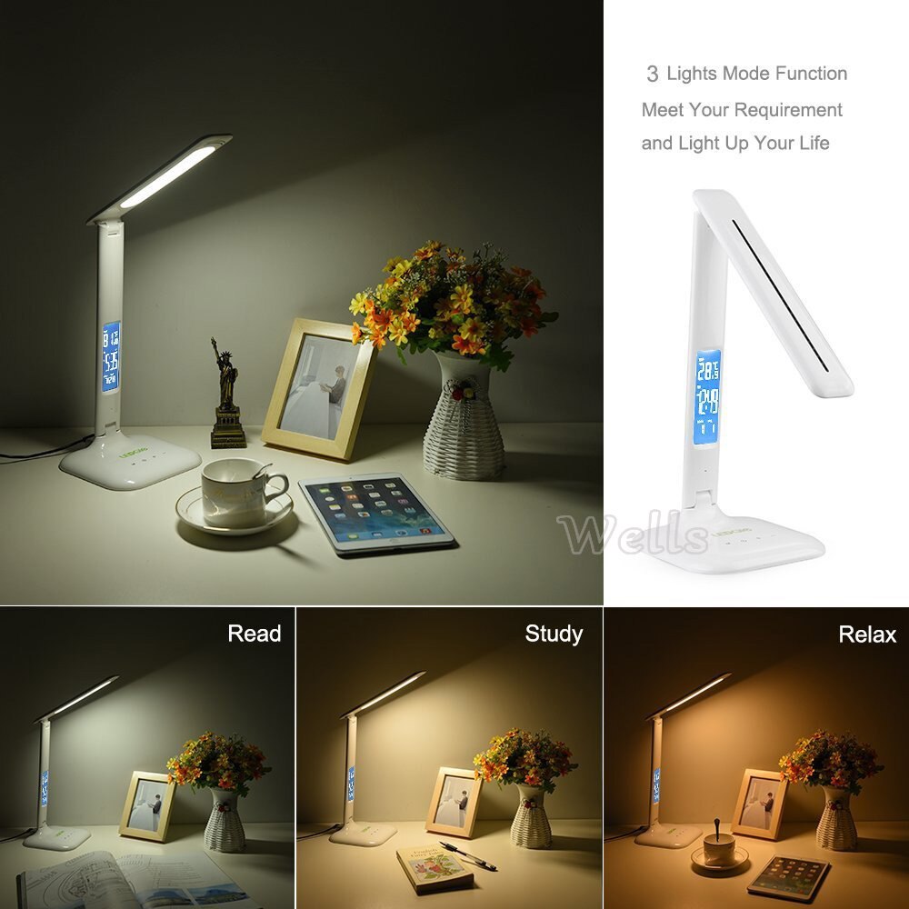 Led Tafellamp Met Led Display Bureaulamp Draagbare Led Leeslamp Met Kalender Klok Flexibele Moderne Kantoor Lamp Dimbare