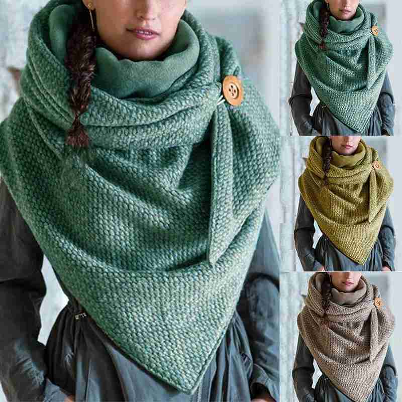 Femmes hiver épaissir grande écharpe surdimensionnée avec bouton crochet couleur unie côtelé Triangle châle bavoir