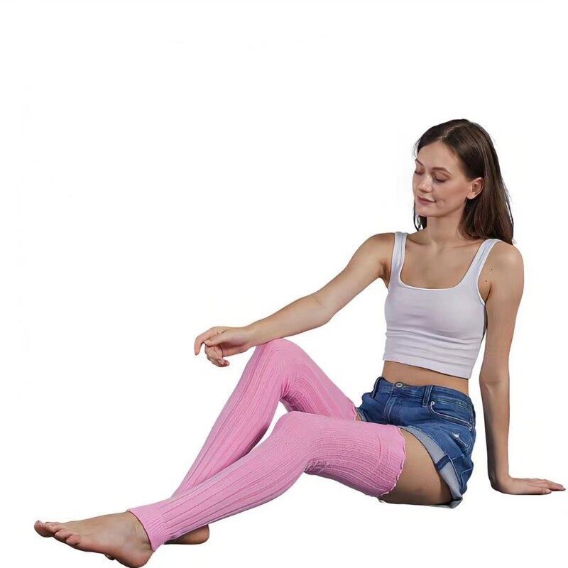 Womens Ribbed Cable Knit Leg Warmers Winter Warm Ruffled Top Stretch Over Knee Thigh High Long Socks Footless: Pink
