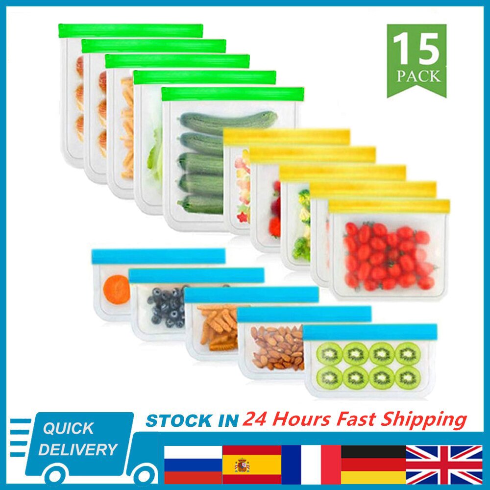 BEEMAN 15pcs Silicone Food Bag Frosted PEVA Reusable Food Storage Bag Top Leak-Proof Food Freezer Bag Kitchen Fresh-Keeping Bag