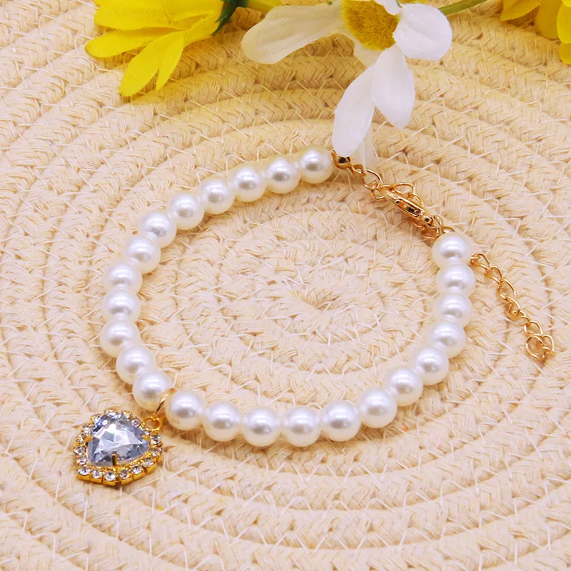 Collar de perlas de lujo para mascotas, colgante para gato y perro, suministros para mascotas, Collar de cristal de amor, Collar para gatito: Gris