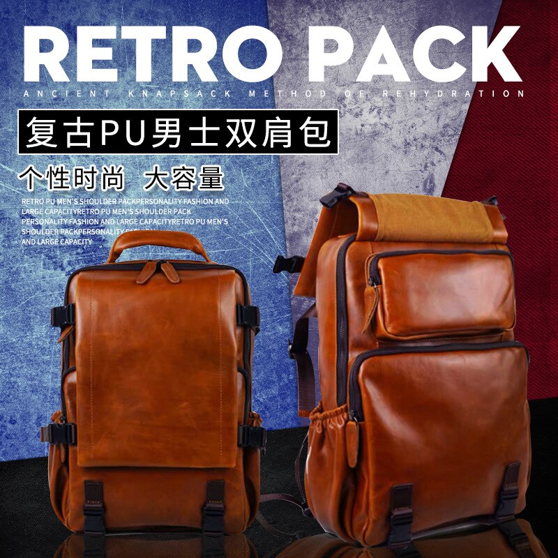 retro pu shoulder bag personality large capacity schoolbag men trend solid color business backpack