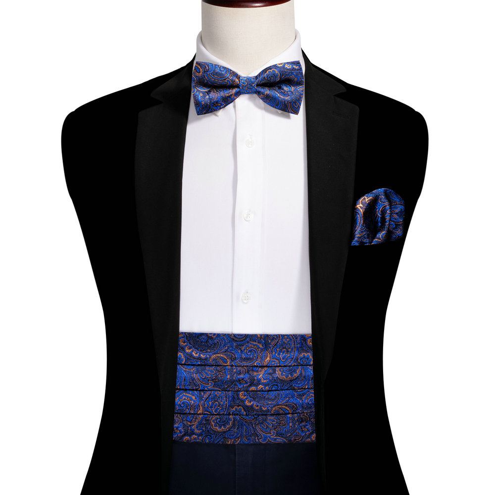 Navy Blue Cummerbund Men Silk Bowtie Pocket Square Cufflinks Sets Classic Paisley Male Accessories Wedding Party Barry.Wang 1031