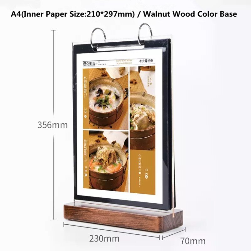A4 Double Side Countertop Page Turning Table Menu Paper Poster Display Stand Acrylic Price Label Sign Holder Acrylic Photo Frame: Walnut Vertical
