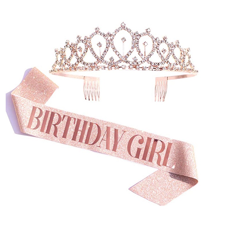 Bling Rhinestone Crystal Crown Tiara Birthday Anniversary Decoration Happy 18 21 30 40 50th Birthday Satin Sash Party Supplies: Red
