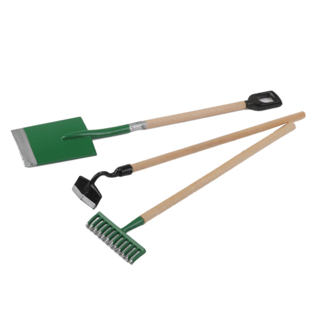 3 Pieces Garden Tools +Tin Metal Watering Can for 1/2 Doll House Miniatures Accessories