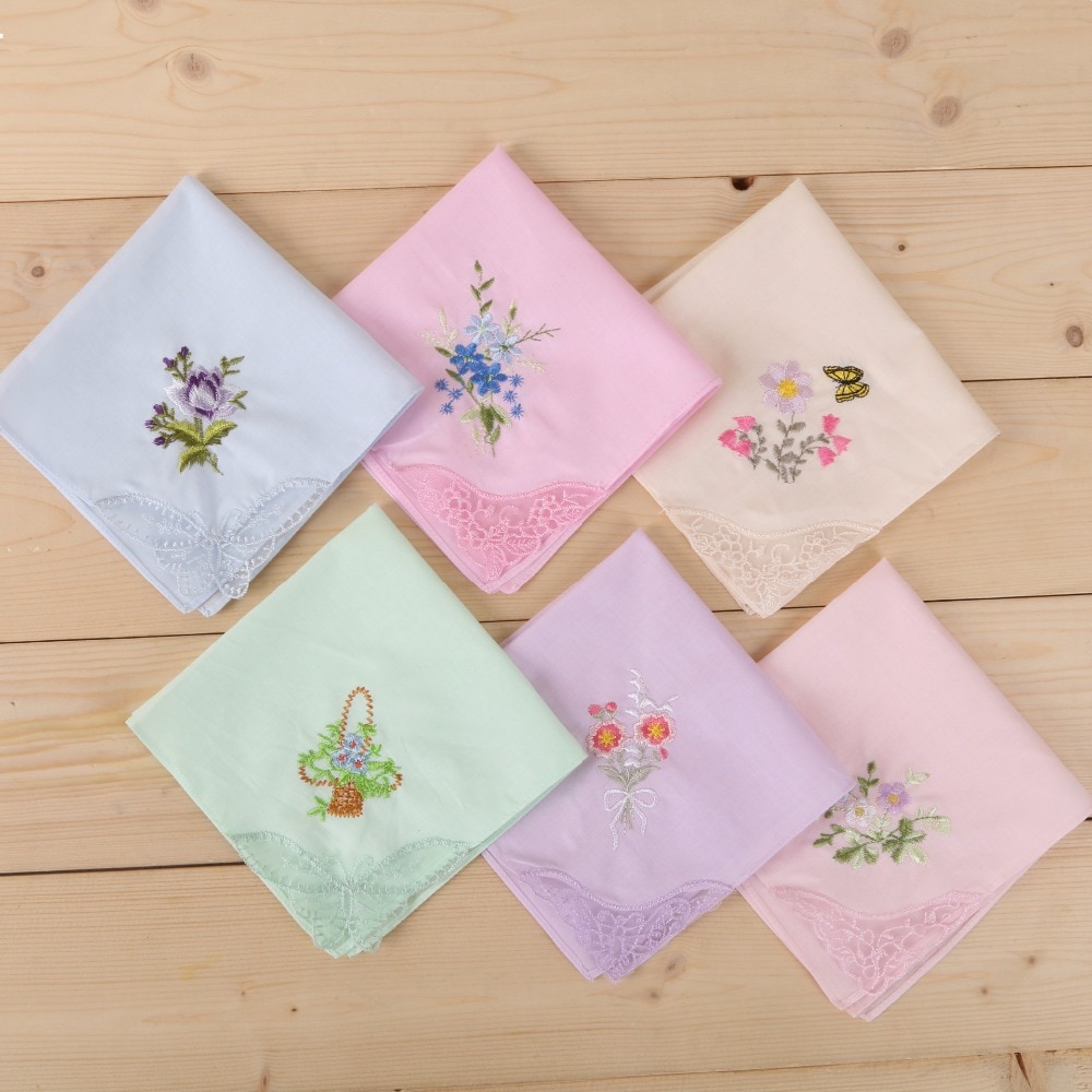 6 uds 28cm algodón bordado toalla cuadrada pañuelo bordado con encaje Color encaje sencillo pañuelo, servilleta paño