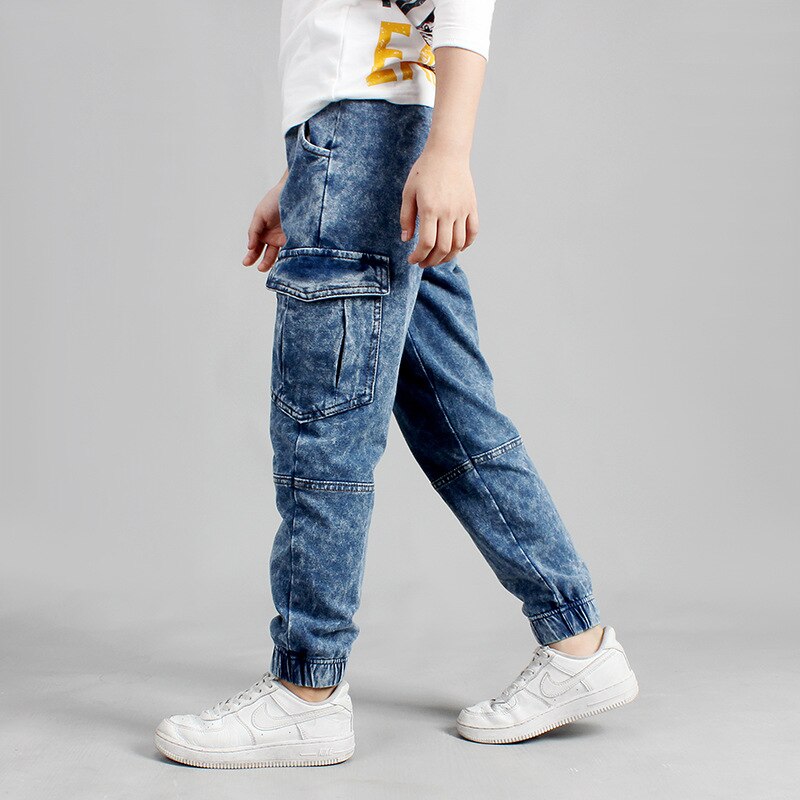 Lente Herfst Koreaanse Jongen Klassieke Jeans Voor Jongens School Cargo Pocket Breien Casual Broek Biker Denim Broek Maat 10 12: Dark Blue / 14