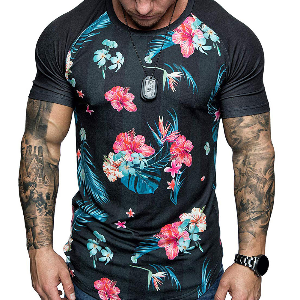 Herr t-shirt sommar kort ärm rund hals tryckta blommor blad tryckta t-shirt kort ärm herr toppar мужские комплекты: Svart / Xl