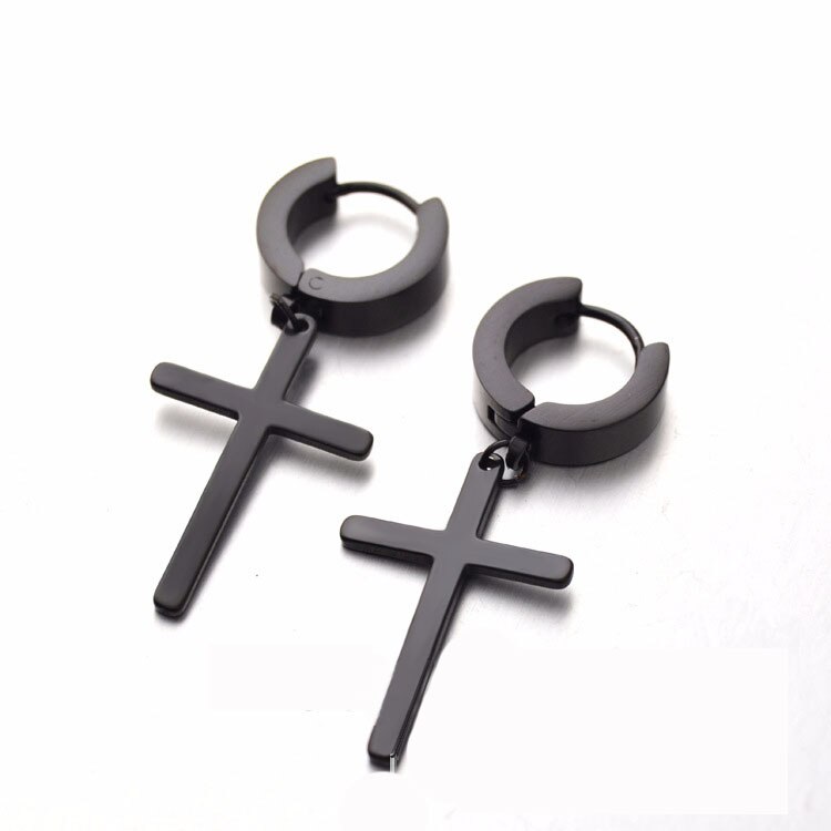 Mode Punk Gothic Zwart Rvs Oorbel Sets Kleine Cross Ster Oorringen Vrouwen Mannen Barbell Halter: 7 black cross