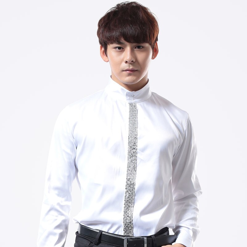 Tops de manga larga con lentejuelas para hombre, para discoteca, Bar, Jazz, baile latino, camisa blanca para hombre, trajes de escenario para cantantes DNV10069: XL