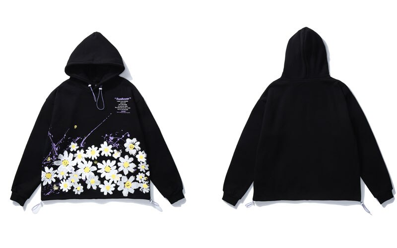 GONTHWID Graffiti Daisy Flowers Floral Print Fleece Hoodies Sweatshirts Mens Harajuku Casual Loose Hooded Tops Outwear Male: Black / XL