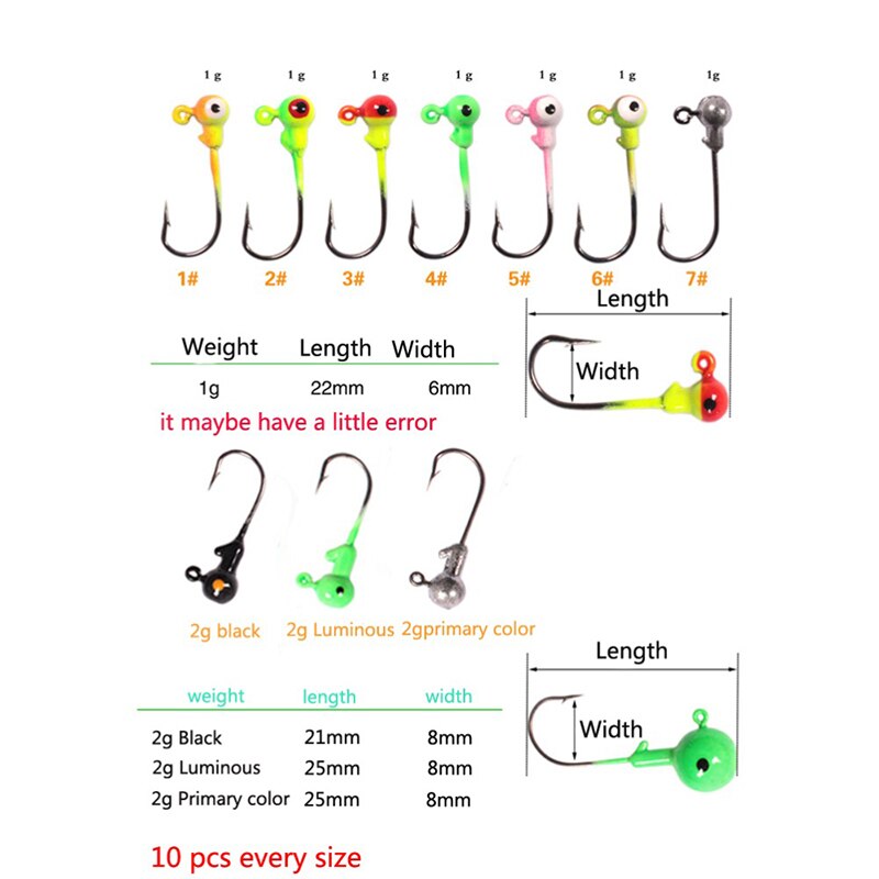 100 Stks/doos 1G/2G Multicolor Lood Hoofd Jigs Met Enkele Haak Vishaken Set Pesca Vissen Accessoires Maggot grub Zachte Lokken