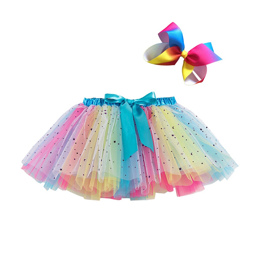 Baby Girls Rainbow Tutu Skirt Party Dance Ballet Splice Sequin Rainbow Tulle Kids Girls Mini Skirt Bow Hairpin falda de tul: Blue  / M