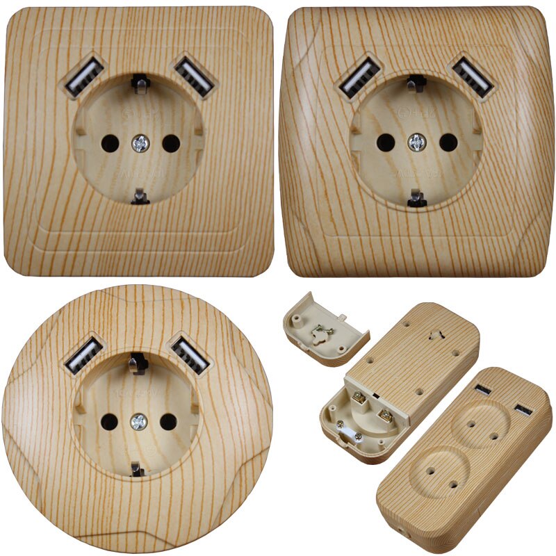 Prise murale USB ronde Double Port USB 5V 2A Usb arbre bois couleur prise electrique steckdose C001