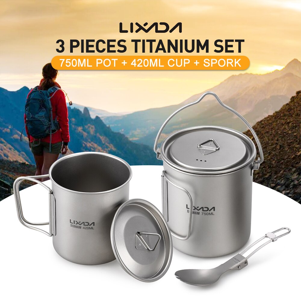 Lixada Lightweight Titanium 3 Pieces Set Titanium 750ml Pot Water Cup Mug Folding Spork for Outdoor Camping Hiking Backpacking: with 420ml Cup Spork