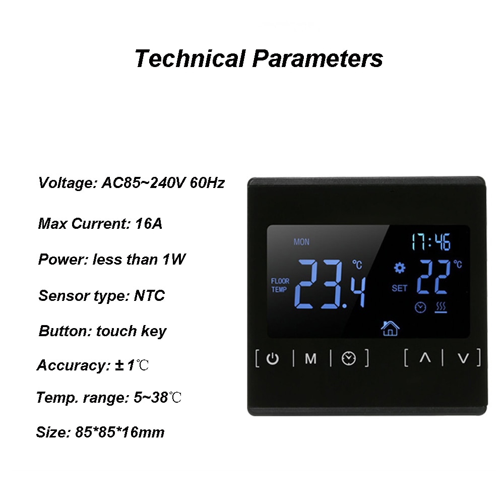 85 ~ 240v ac berøringsskærm sort farve lcd digital termostatregulator temperaturregulator