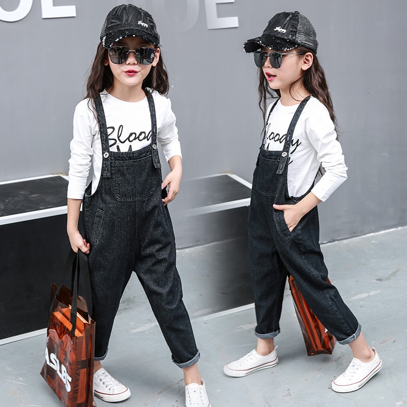 Piger denim jumpsuit overalls koreanske børnebukser casual harlan bukser til børn baby piger jeans 3 4 5 7 8 10 12 år