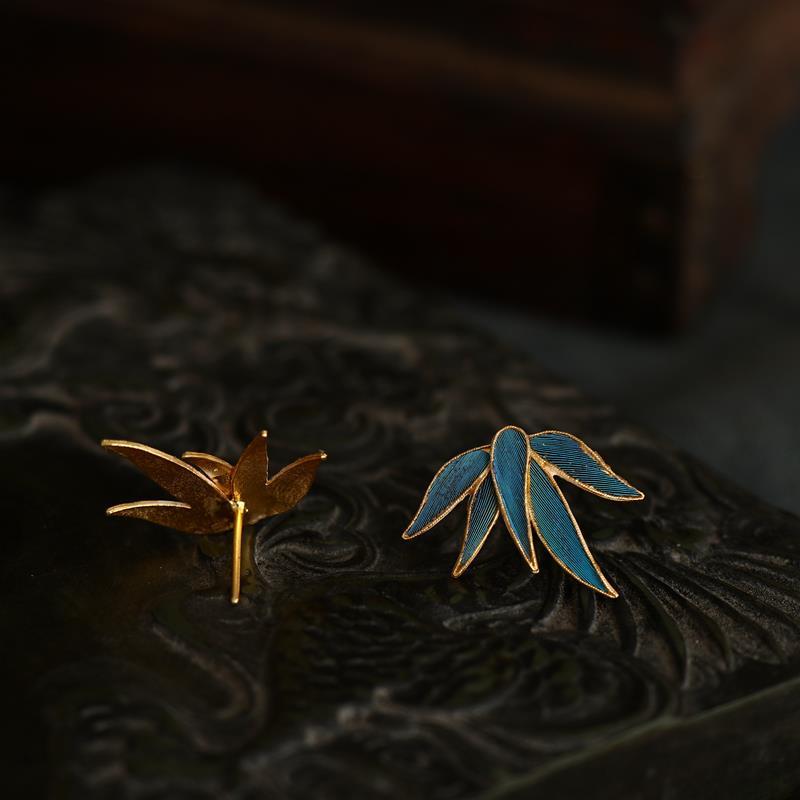 Bamboo Leaf Stud Earrings Female Cloisonne Imitation Tian-Tsui Palace Museum Classic Chinese Simple Chinese Style Antiq