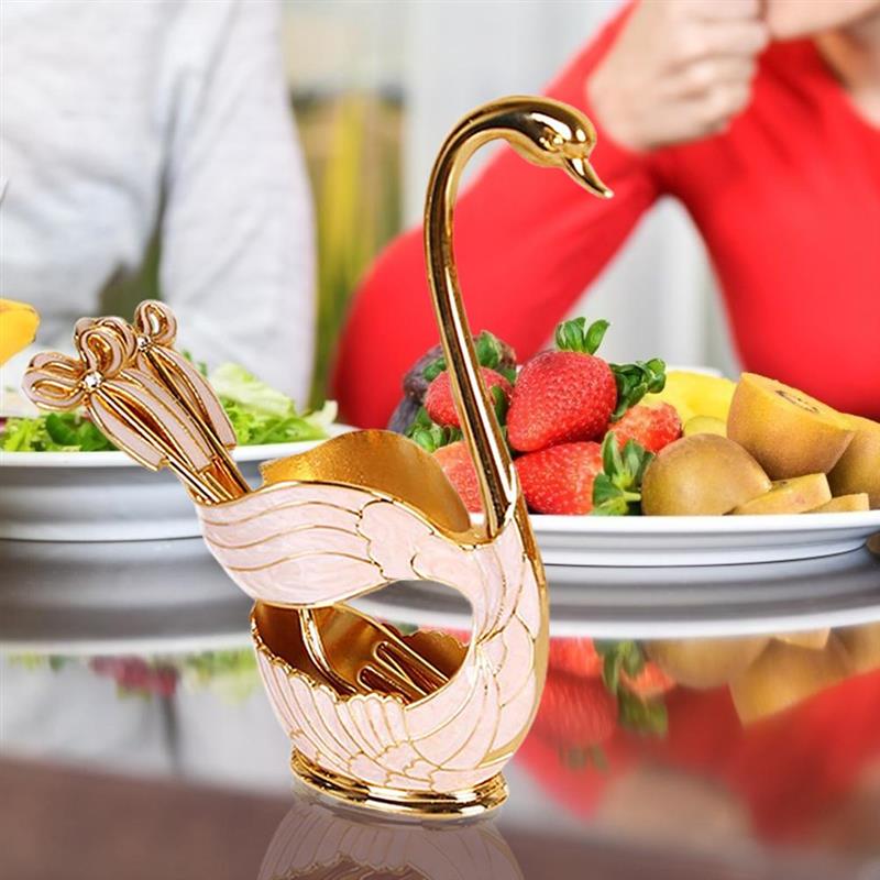 Elegante Zwaan Base Houder Lepels Set Koffie Fruit Dessert Bestek Servies Voor Thuis Decoratie 6 Lepels + 1 Zwaan