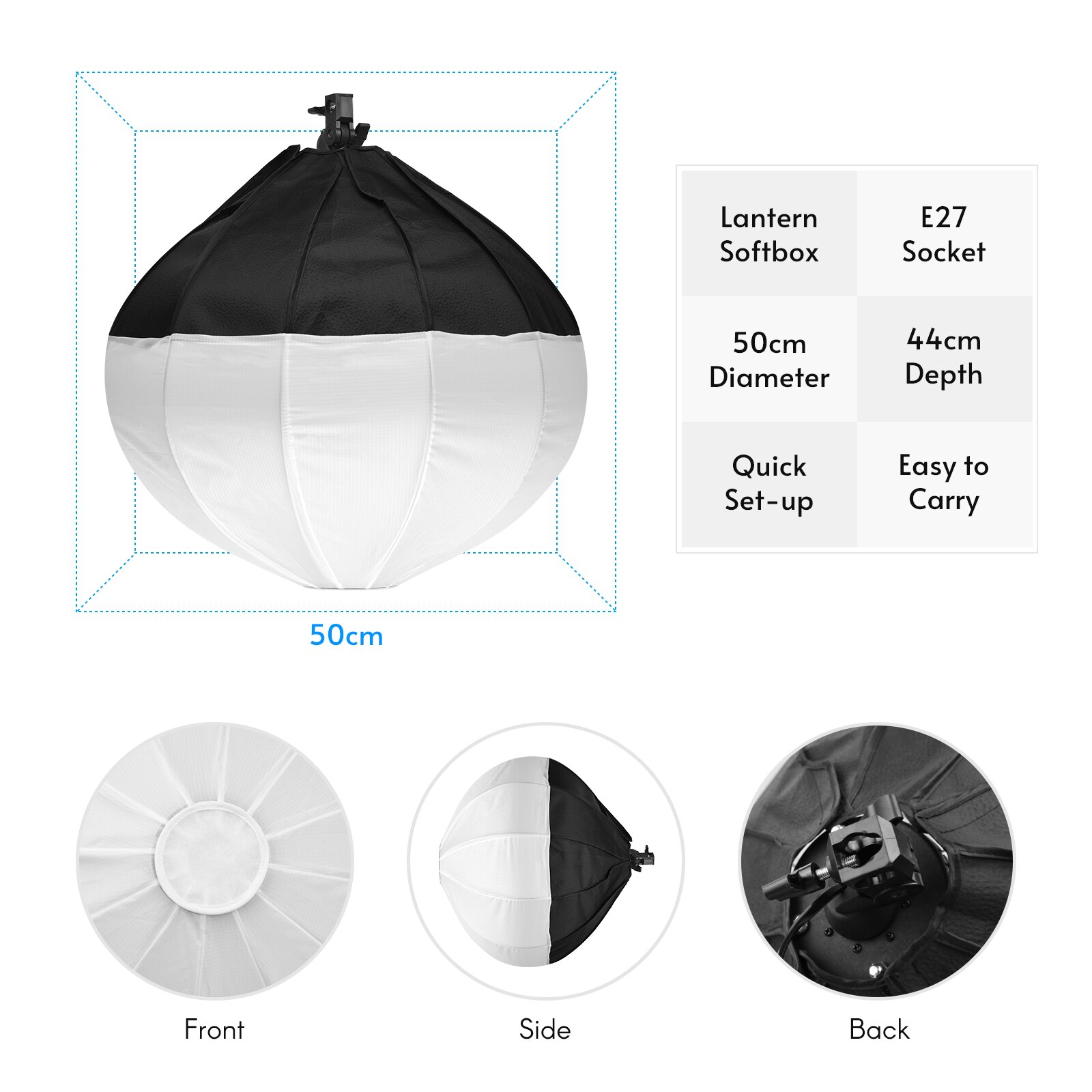 Softbox esférico plegable de 50cm, Softbox de instalación rápida con enchufe E27 para estudio de fotografía y vídeo, accesorio de iluminación