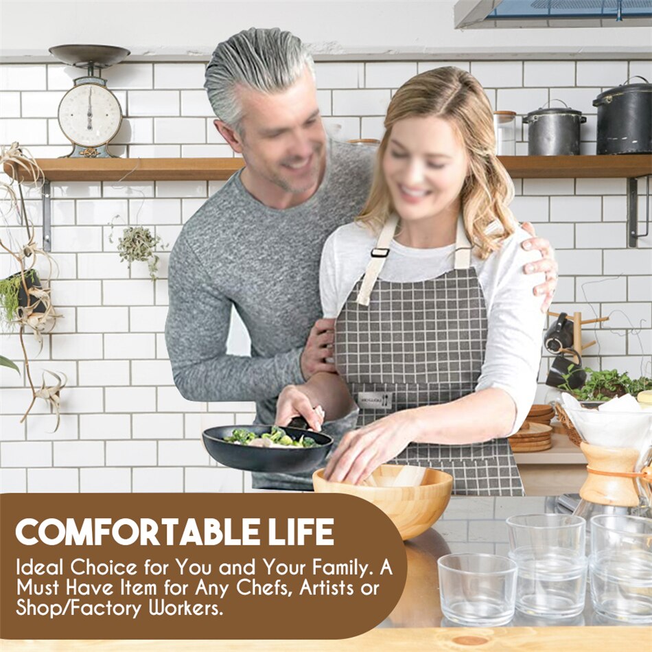cooking apron with pockets, adjustable cotton and linen kitchen apron, chef apron suitable for ladies and men