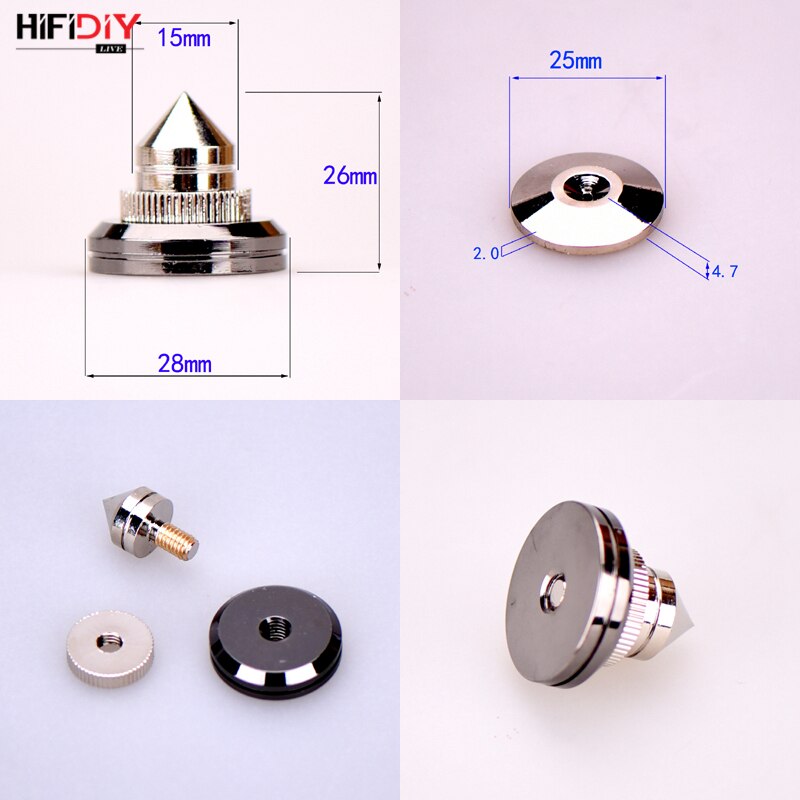 Hifidiy live 4 stuks/sets luidsprekerstandaard voeten voetkussen zinklegering metaal zilverkleurig (geen zuiver koper) spikes conus vloer voet spijker  m28*26