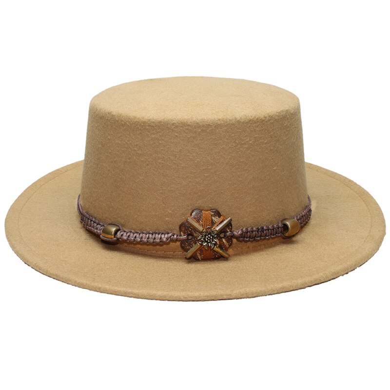 Retro Unisex Women Men /Kid Child Wool Fedora Flat Dome Oval Top Bowler Porkpie Pork-pie Hat Wood Bead Knitted Band (54/57cm): Camel / Adult Size 57cm