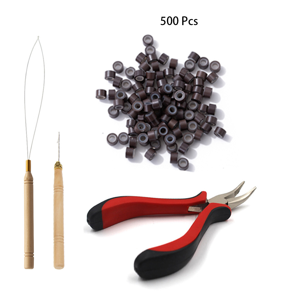 Kit de ferramentas para extensões de cabelo, 500 peças, preto, marrom escuro, marrom claro, dourado, micro anel, contas, 1 micro contas, alicate, 1 gancho, agulha puxando