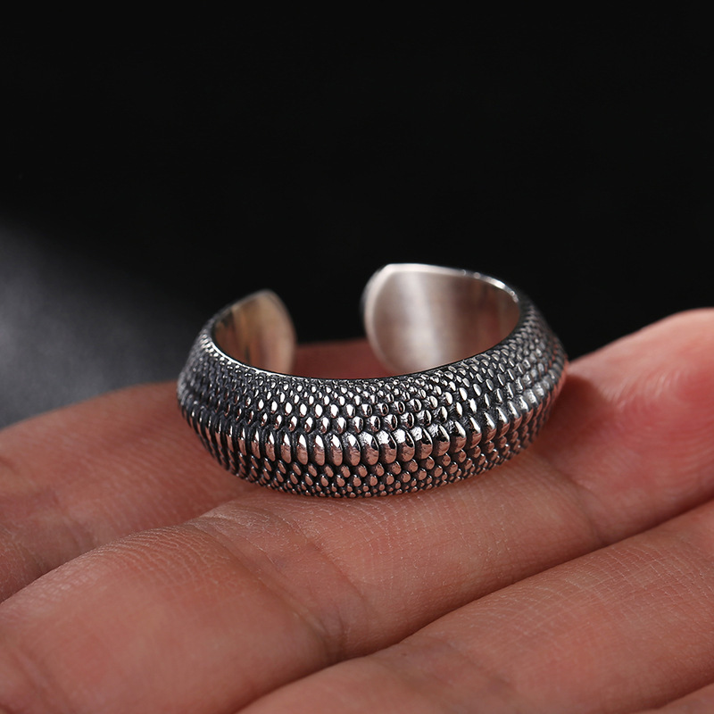 Personalità semplice anello in argento 925 accessori per dito indice maschile Retro Geometry Pattern anello in scala di drago per gioielli da uomo aperti