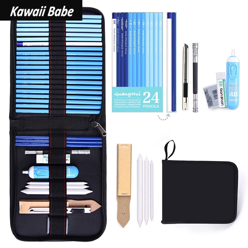 24/38pcs Sketch Pencil Set Sketching Drawing Kit Wood Pencil Pencil Bags School Students Art Supplies: 24 pen whit bag