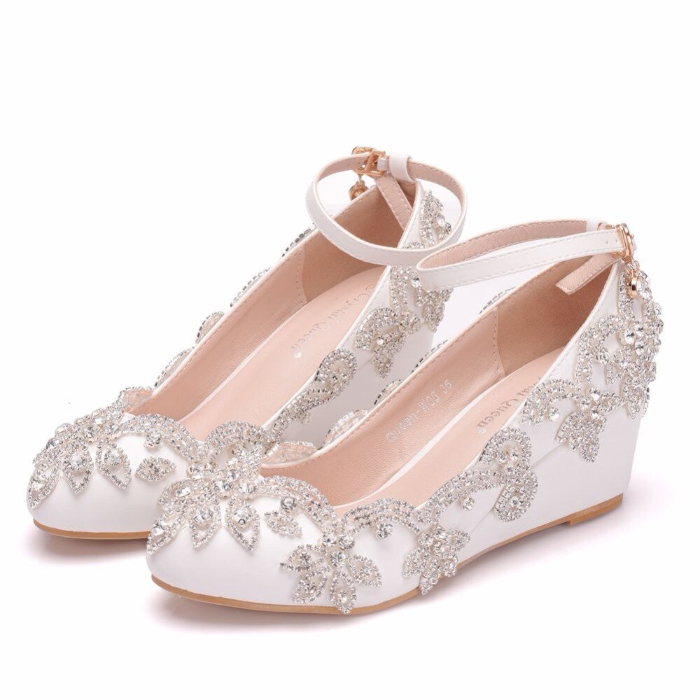 Krystal dronning bryllupssko brud høje hæle krystal pumper kiler aften fest kjole sko hæl stor størrelse 41