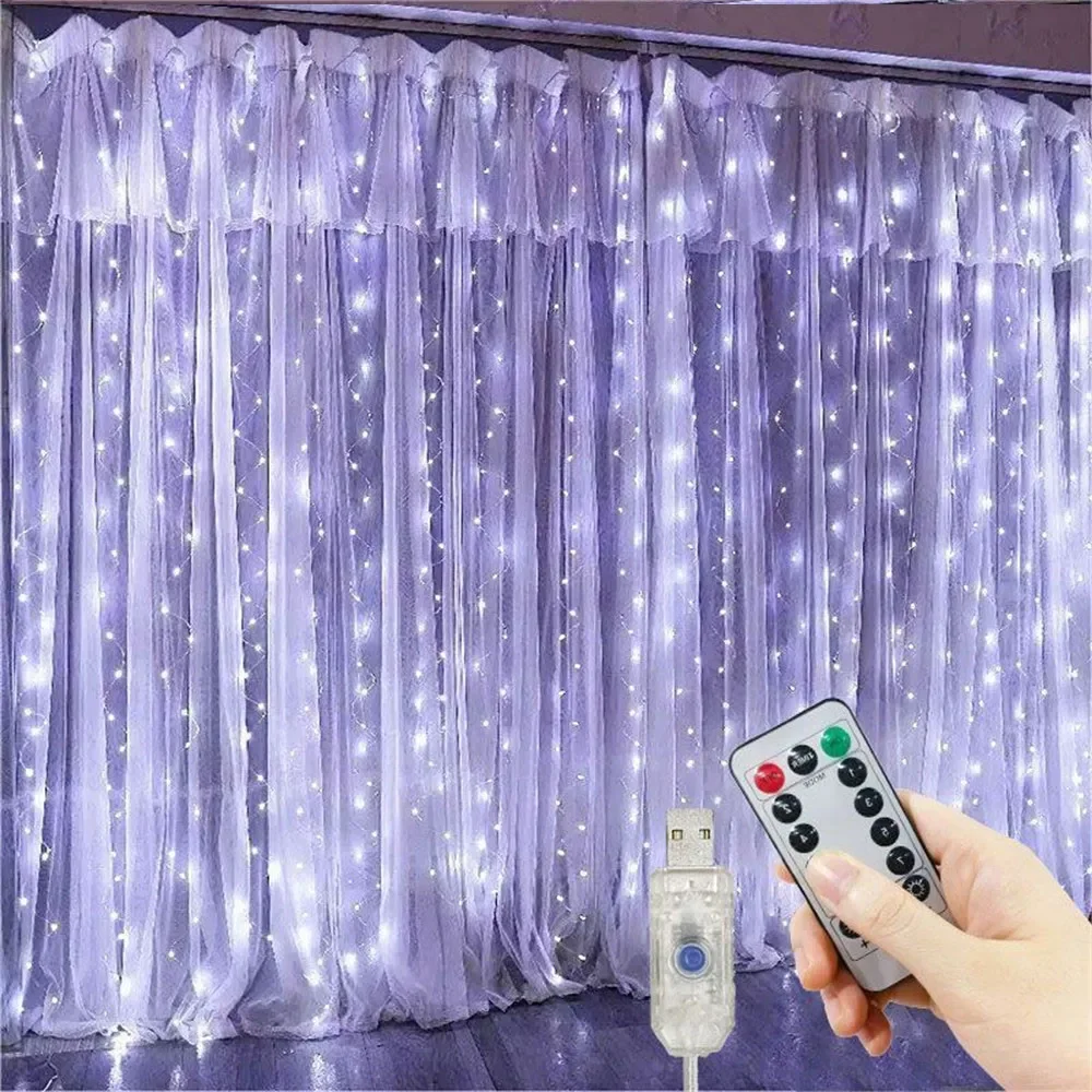 Guirnalda de luces de cortina de 3M × 6/3/2/1M, alimentación USB con Control remoto, guirnaldas de luces LED, colgante de árbol de Navidad, decoraciones para el hogar y el dormitorio: changeable / 300 W