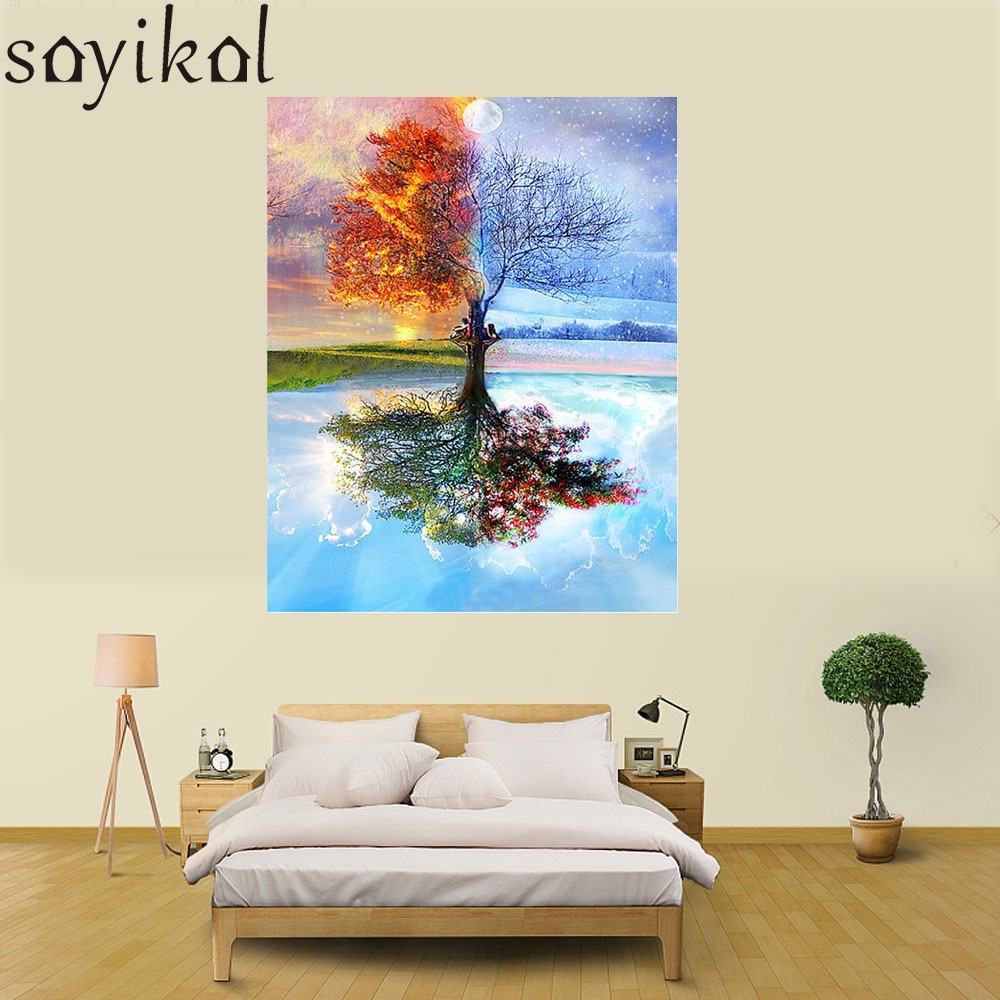 Oil Painting Frame Four Seasons Tree Landscape DIY Painting By Numbers Kit Paint On Canvas Painting Calligraphy For Home Decor