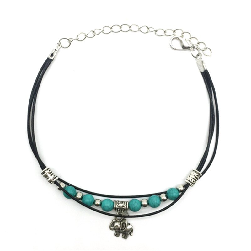 Tobillera de cuentas con colgante de elefante tibetano, joyería de playa, pulsera de tobillo con cadena de cuero para pies, Estilo Vintage, Retro, bohemio, 1 unidad: Default Title