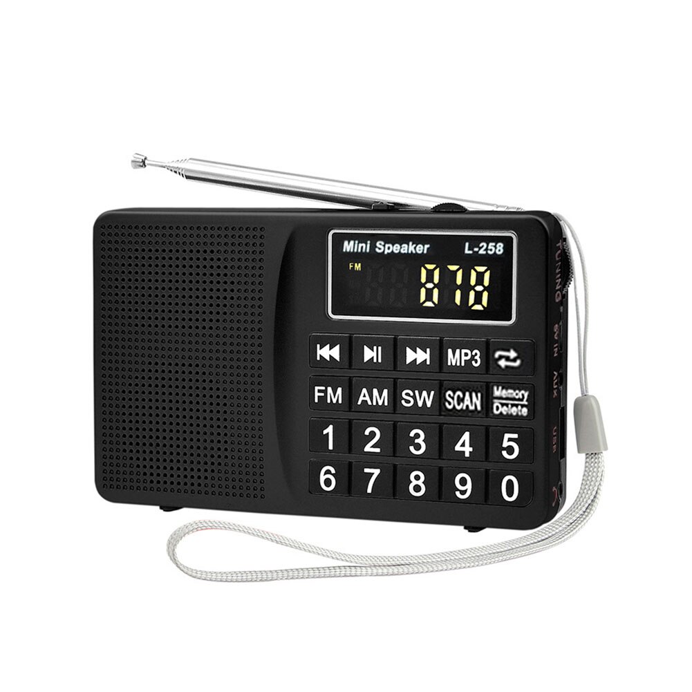 Bass Mini radio con pantalla digital SW FM portátil MP3 Insertar tarjeta gran botón fácil de operar altavoz multibanda de carga USB: Black