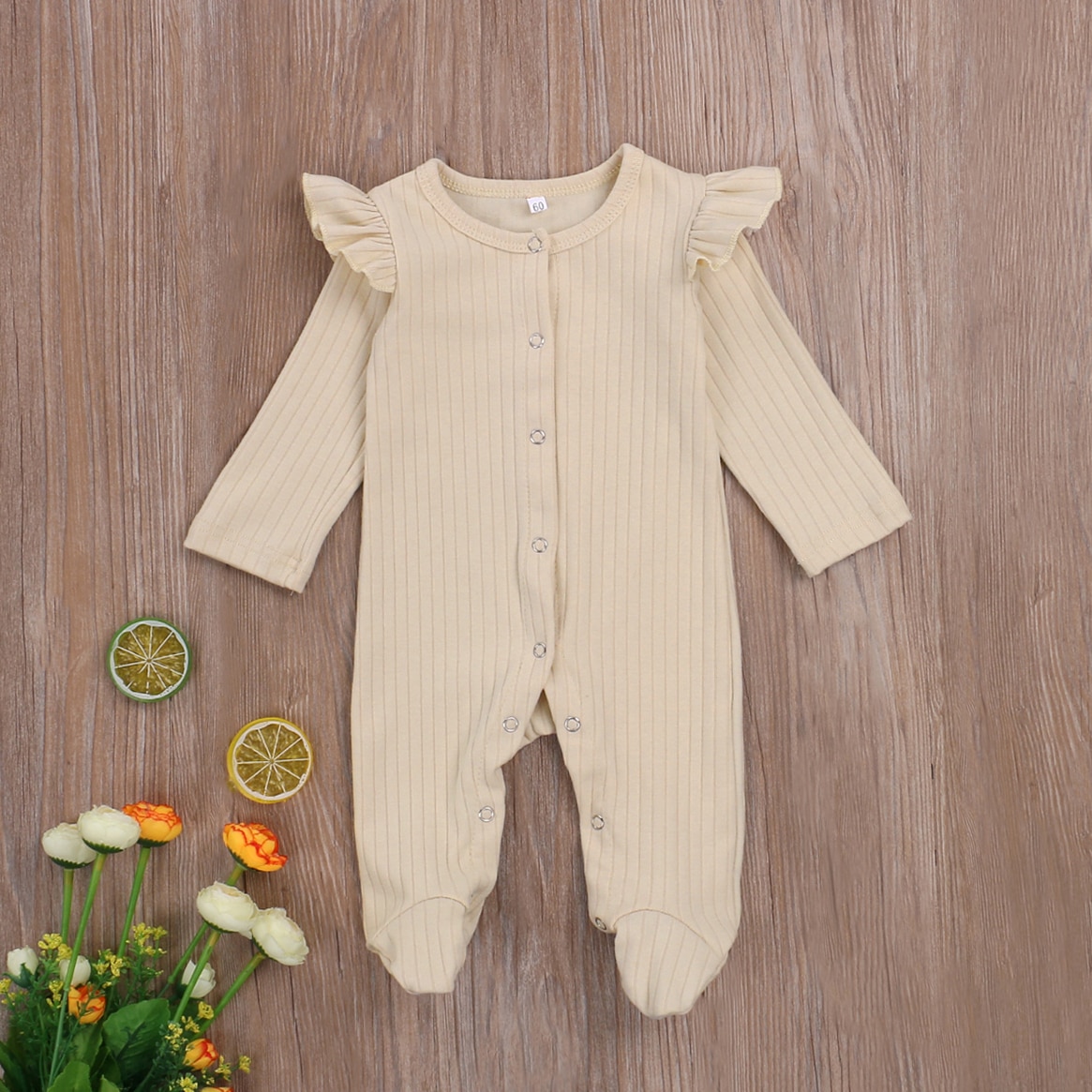 0-6M Pasgeboren Baby Jongens Meisjes Footies Solid Ruches Lange Mouwen Knit Enkele Breasted Herfst Jumpsuits 4 Kleuren