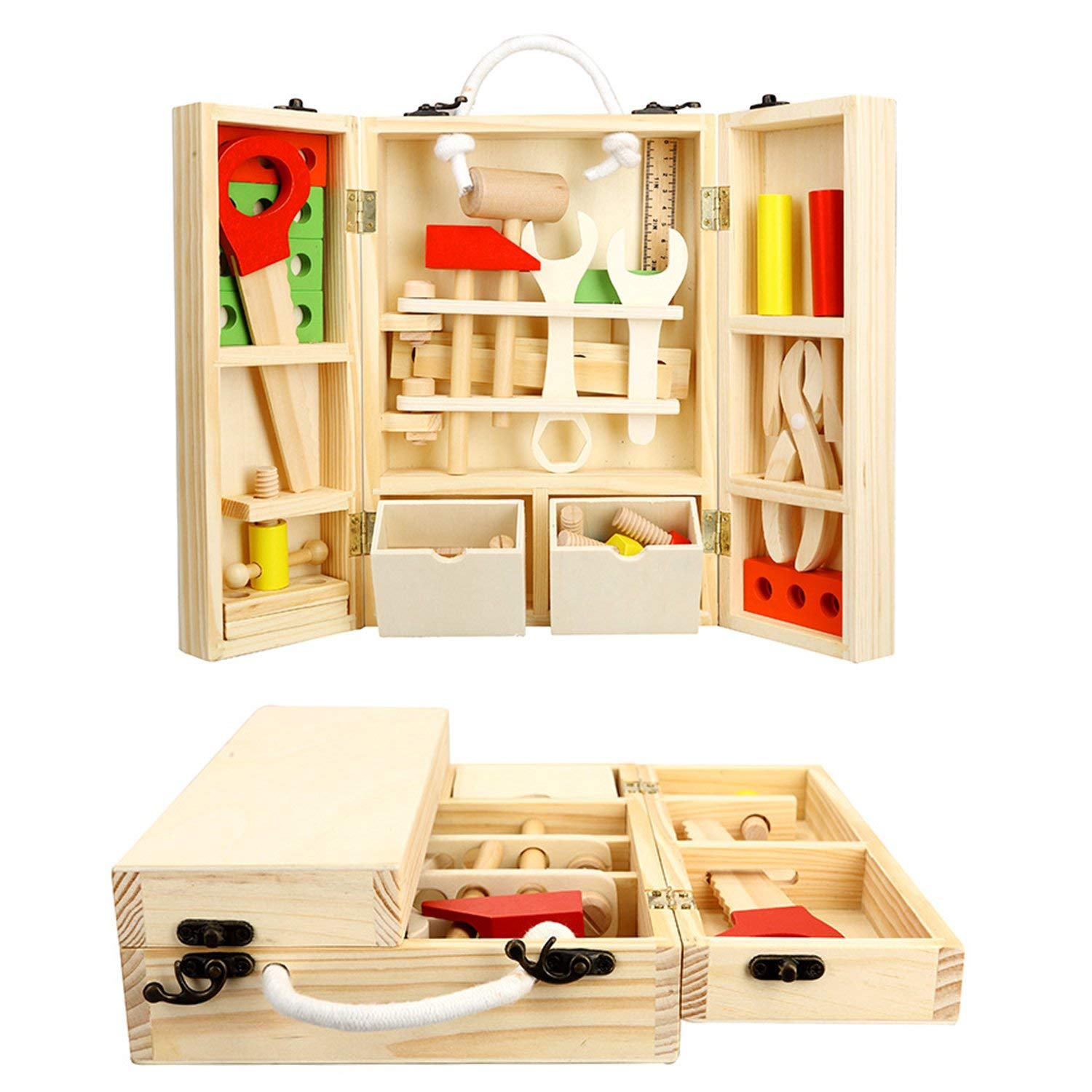 WOTT Wooden Tool Toys Pretend Play Tool box Accessories Set Educational Construction Toys Kids