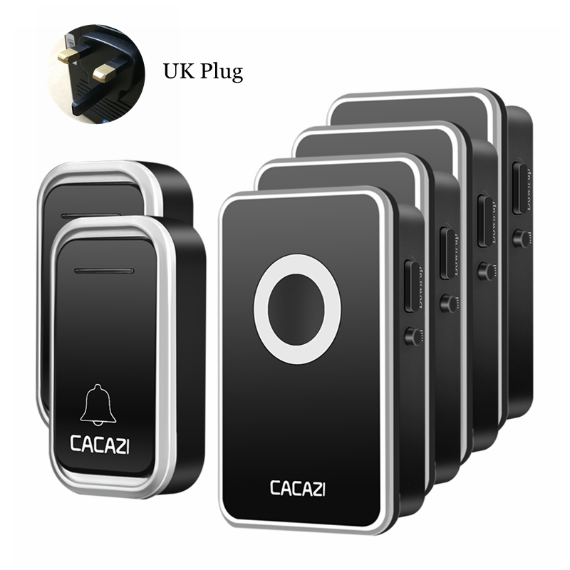 CACAZI Wireless Doorbell Waterproof 300M Remote 2 Battery Button 4 Receiver led light US EU Plug Home Cordless door bell chime: black 2x4 UK