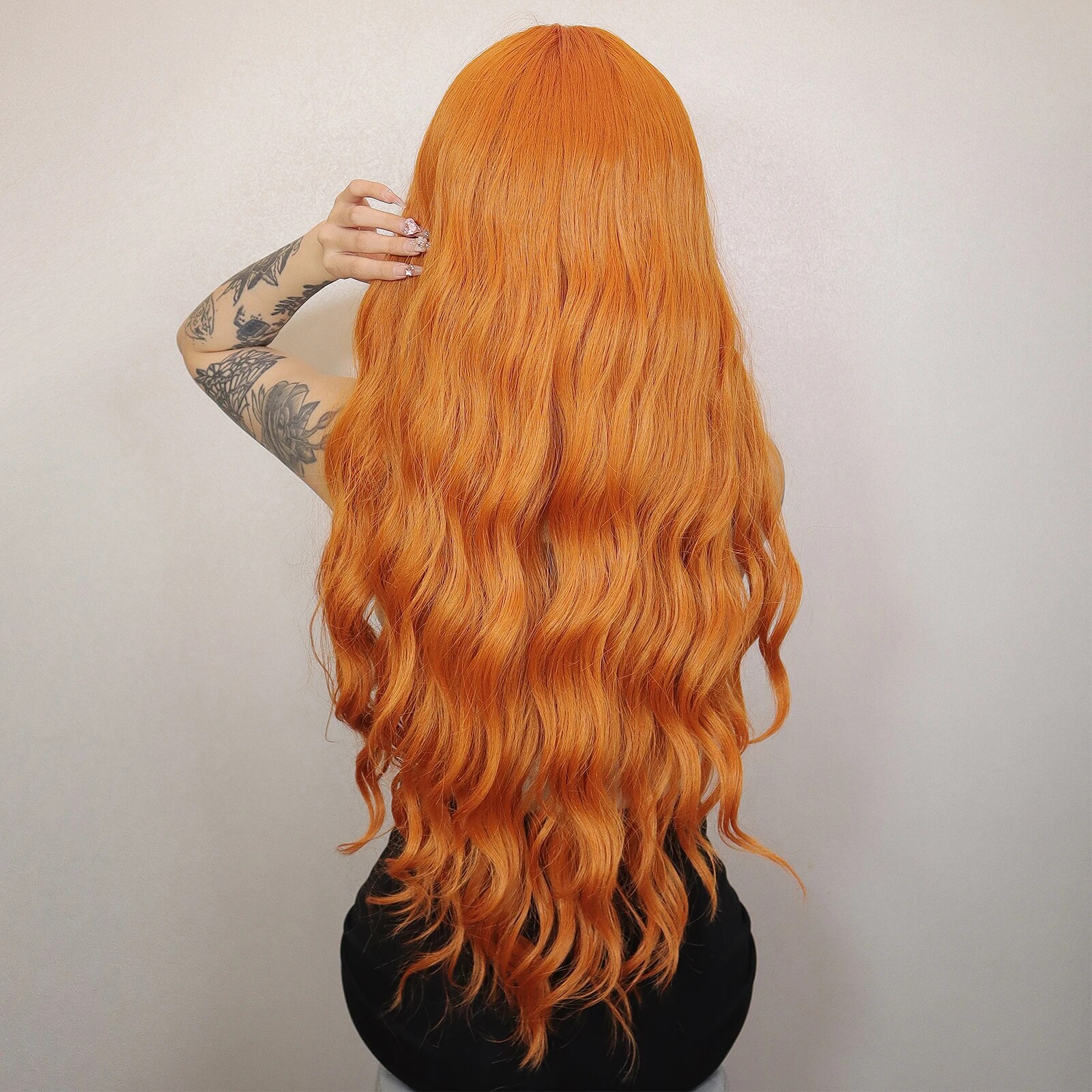 Perruque Synthétique Longue Ondulée Orange pour Femme, Cheveux Naturels Ondulés avec Longue Frange, Perruques de ixCosplay, Degré de Chaleur