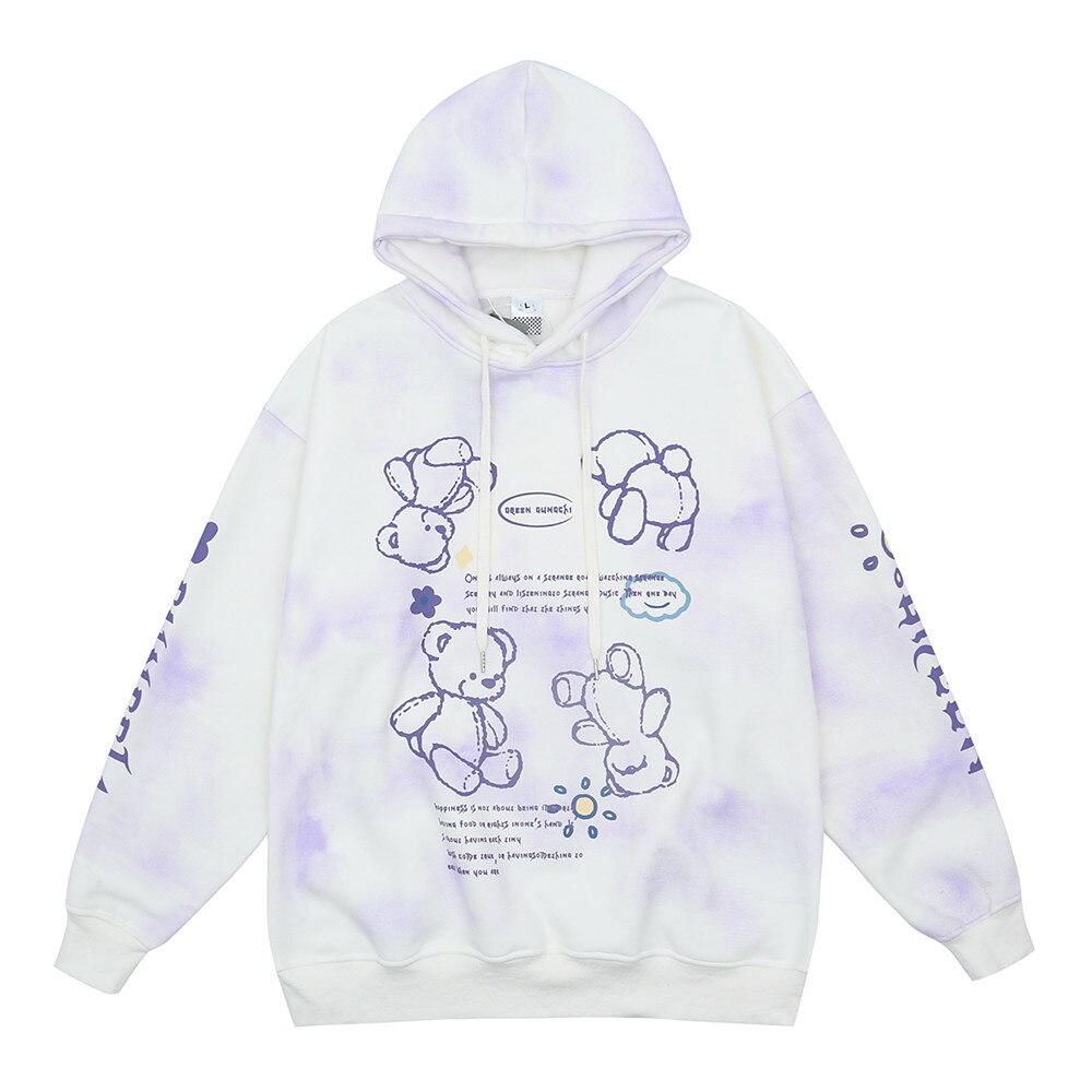 UNCLEDONJM Tie Dyed Bear Fleece Hoodie Sweatshirt Men Harajuku Streetwear Hooded Pullover Cotton Autumn Loose Hoodie GRE-HM1095: Purple / XL