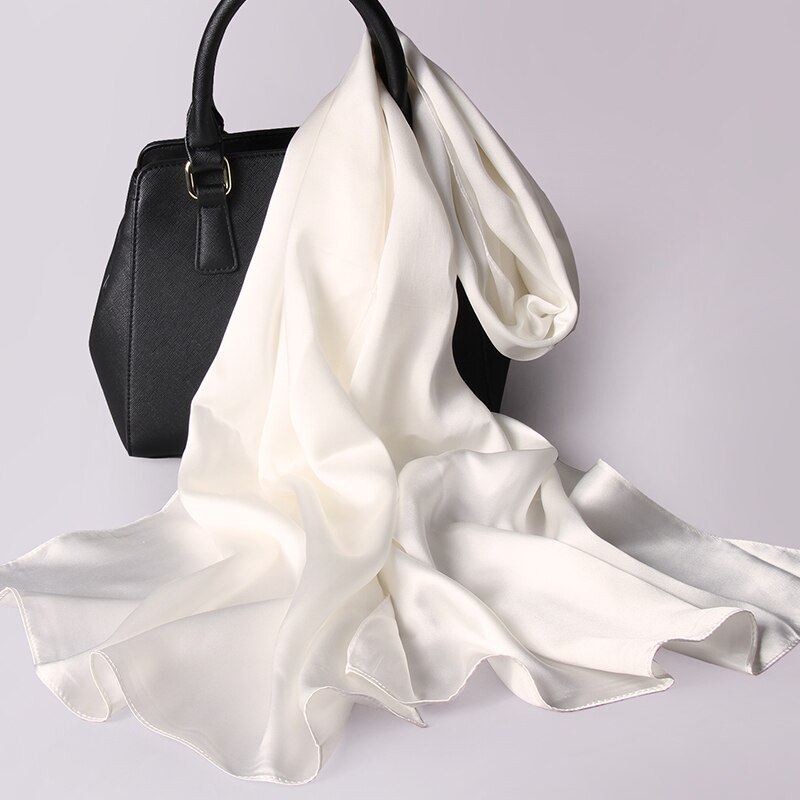 Natuurlijke Echte 100% Zijden Sjaal Vrouwen Luxe Zijde Sjaals Wraps Solid Pure Zijde Satijn Lange Sjaals Hijaabs 175x55cm: White
