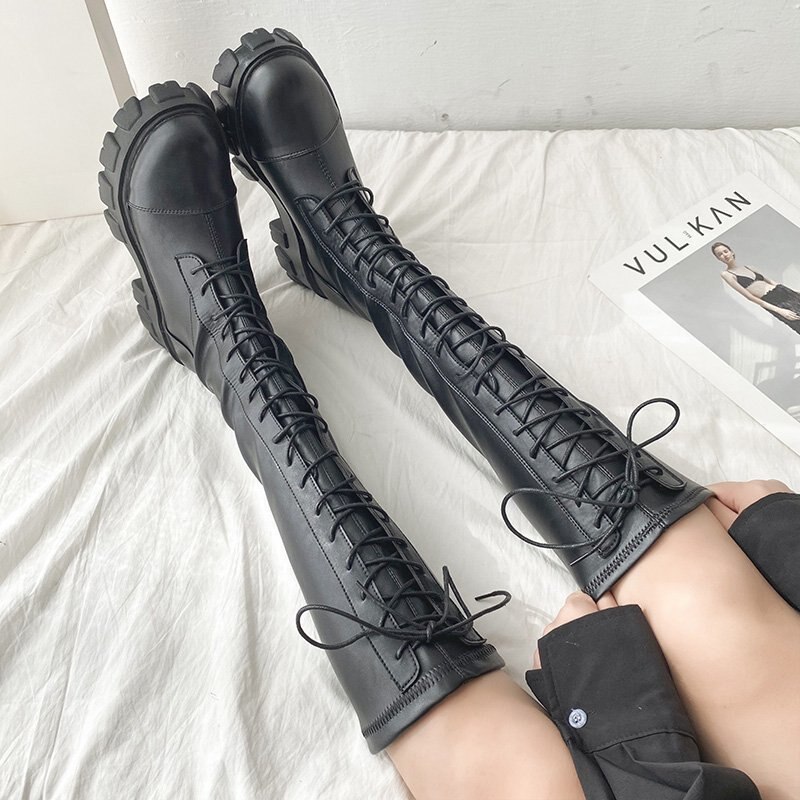 Dikke platform zwarte pu leren kniehoge laarzen dames dikke zool schoenen herfst winter veterschoenen lange laarzen