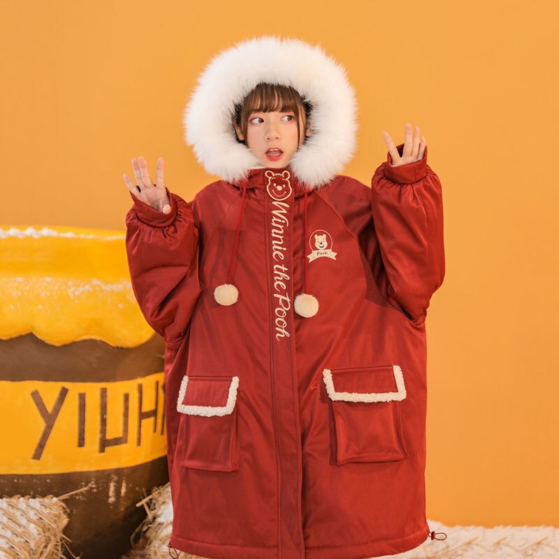 2021 grube ciepłe damskie zimowe ocieplane kurtki duże parki z futrzanym kołnierzem Kawaii luźne Harajuku dla kobiet ponadgabarytowe nadrukowana bluza z kapturem czerwone ubrania