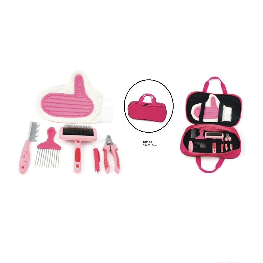 Conjunto de aseo para perros, herramienta rosa para mascotas, cepillo, tijeras