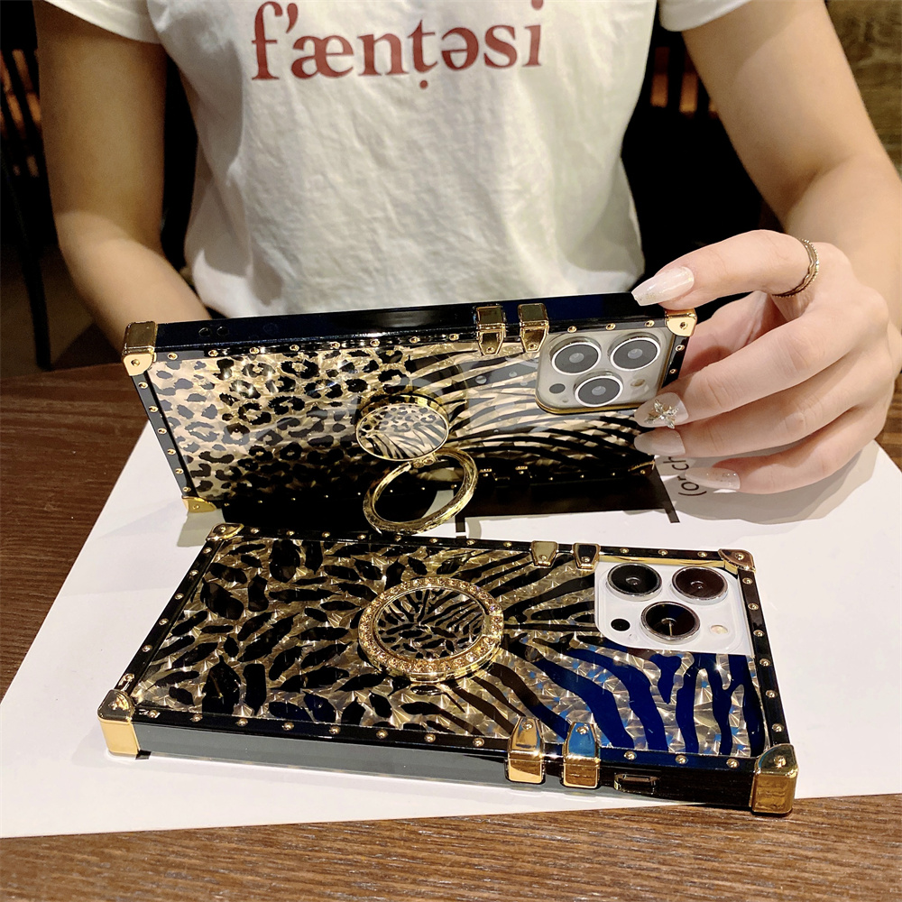 Funda chapada en oro de leopardo de lujo para iPhone 16 15 Pro Max 14 13 12 11 XR X 8 7 Plus cubierta con soporte de anillo de diamante brillante Funda 16