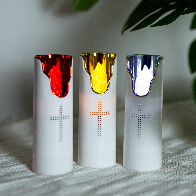 Bougie LED sans flamme pour prière, flamme oscillante avec haut-parleur musical, piles sèches, lampe à bougie en plastique pour église et tombe