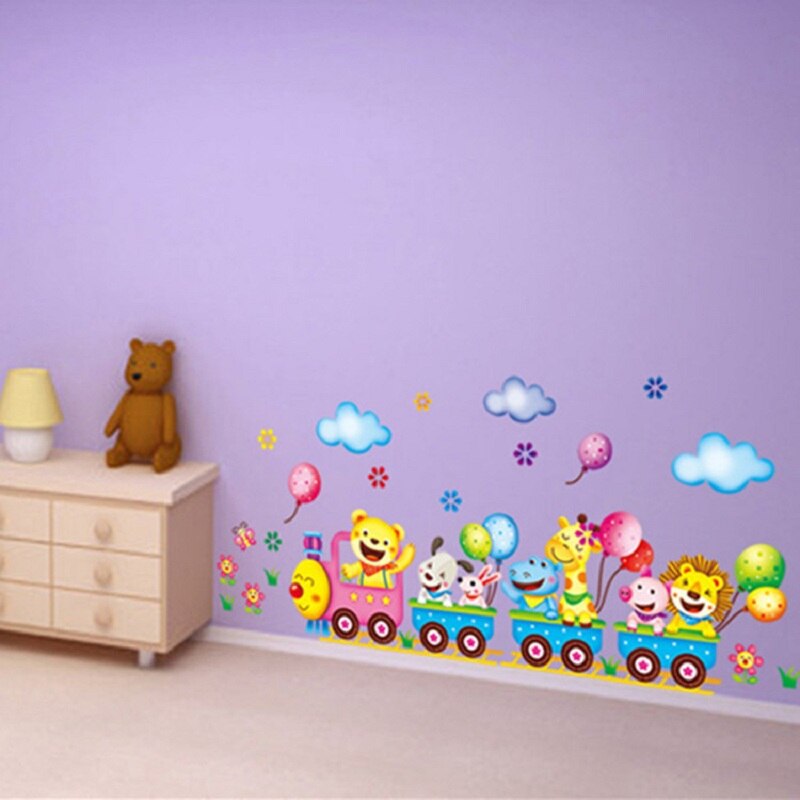 cartoon animal train balloon children's room kindergarten decoration wall stickers background wall stickers