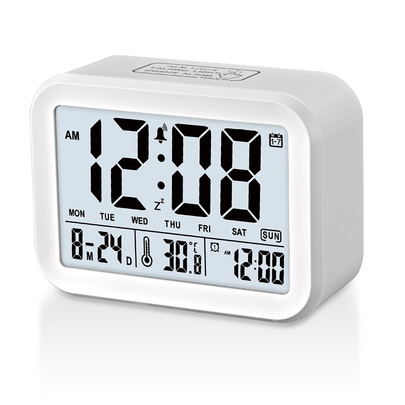 Smart Digital Alarm Clock Large LCD Display Light Sensor Nightlight Multifunction Snooze Kids Office Table Alarm Clock: white