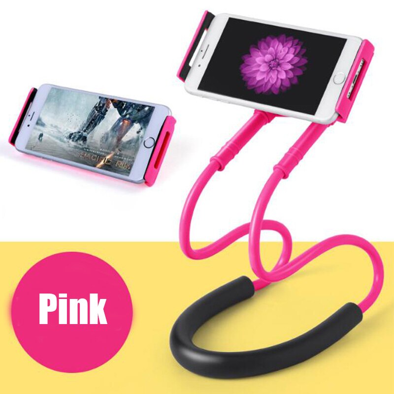 Fleksibel mobiltelefon holder hængende hals doven halskæde beslag smartphone holder stativ til iphone android: Lyserød